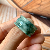 19.2mm A-Grade Natural Bluish Green Floral Jadeite Archer Ring Band No.161601