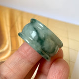 19.4mm A-Grade Natural Bluish Green Floral Jadeite Archer Ring Band No.161585