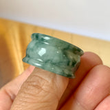 19.4mm A-Grade Natural Bluish Green Floral Jadeite Archer Ring Band No.161585
