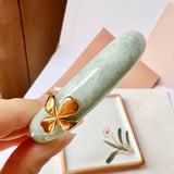 56.3mm A-Grade Natural Light Green Jadeite Modern Round Bangle with V.Petals Embellishment No.151976