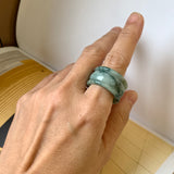 19.4mm A-Grade Natural Bluish Green Floral Jadeite Archer Ring Band No.161585