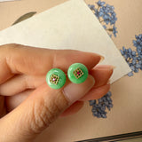 A-Grade Natural Moss On Snow Jadeite Donut Peranakan Tile Earring No.180858