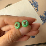 A-Grade Natural Moss On Snow Jadeite Donut Peranakan Tile Earring No.180858
