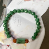 SOLD OUT: 7.3mm A-Grade Natural Imperial Green Lavender Red Jadeite Beaded Bracelet No.190384
