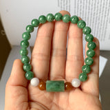 SOLD OUT: 7.3mm A-Grade Natural Imperial Green Lavender Red Jadeite Beaded Bracelet No.190384