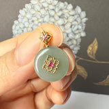 A-Grade Natural Greenish Blue Jadeite Donut Peranakan Tile Pendant No.172639