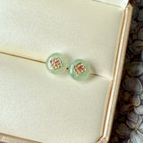 A-Grade Natural Greenish Blue Jadeite Donut Peranakan Tile Earring No.180859