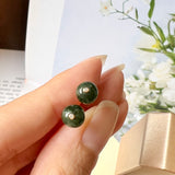 A-Grade Natural Dark Green Jadeite Sphere (Ball) Earring Studs No.180317