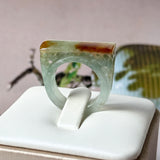 16.4mm A-Grade Natural Earthy Tone Jadeite Ancient Hollowed Carvings Ring No. 161216