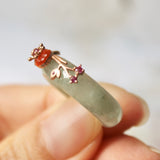 SOLD OUT: 17.3mm A-Grade Natural Green Jadeite Joseon Ring (Red Sakura Flower) No.162332