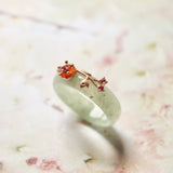 SOLD OUT: 17.3mm A-Grade Natural Green Jadeite Joseon Ring (Red Sakura Flower) No.162333