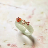 17.3mm A-Grade Natural Green Jadeite Joseon Ring (Red Sakura Flower) No.162333