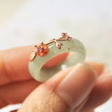 17.3mm A-Grade Natural Green Jadeite Joseon Ring (Red Sakura Flower) No.162333