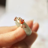 17.3mm A-Grade Natural Green Jadeite Joseon Ring (Red Sakura Flower) No.162333