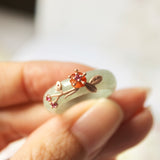 17.3mm A-Grade Natural Green Jadeite Joseon Ring (Red Sakura Flower) No.162333