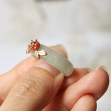 18mm A-Grade Natural Green Jadeite Joseon Ring (Red Sakura Flower) No.162334