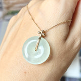 Icy A-Grade Light Green Jadeite P.Petals Lilac Flower Donut Pendant No.172097