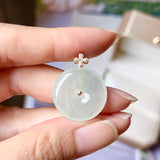 Icy A-Grade Light Green Jadeite P.Petals Lilac Flower Donut Pendant No.172098