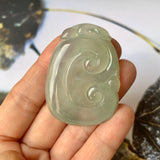 Icy A-Grade Light Bluish Green Jadeite Ruyi Pendant No.170212