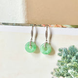 A-Grade Natural Apple Green Jadeite Bagel Shepherd's Hook Earring No.180661