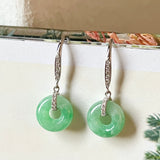 A-Grade Natural Apple Green Jadeite Bagel Shepherd's Hook Earring No.180661