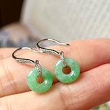 A-Grade Natural Apple Green Jadeite Bagel Shepherd's Hook Earring No.180661