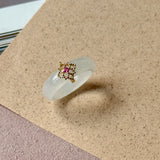 16.7mm Icy A-Grade Natural Moonlight Glow White Jadeite Peranakan Tile Embellishment Ring No. 162655