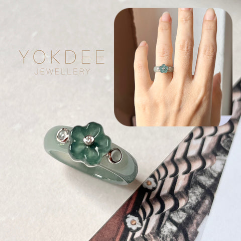 SOLD OUT: 15.6mm A-Grade Natural Jadeite Joseon Dynasty Plum Blossom Ring (Maehwa) No.162419
