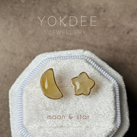 Icy A-Grade Natural Yellow Jadeite Moon & Star Stud Earring No. 180886