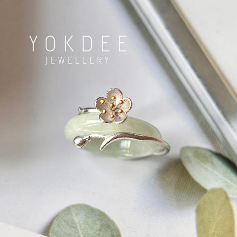 16.1mm A-Grade Natural Green Jadeite Joseon Dynasty Cherry Blossom Blooming Ring No.162369