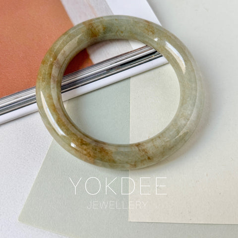 55mm A-Grade Natural Yellowish Green Brown Jadeite Traditional Round Bangle No. 151253