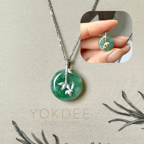 A-Grade Green Floral Jadeite Donut Bamboo Pendant (Dual Gold Tone) No.172610