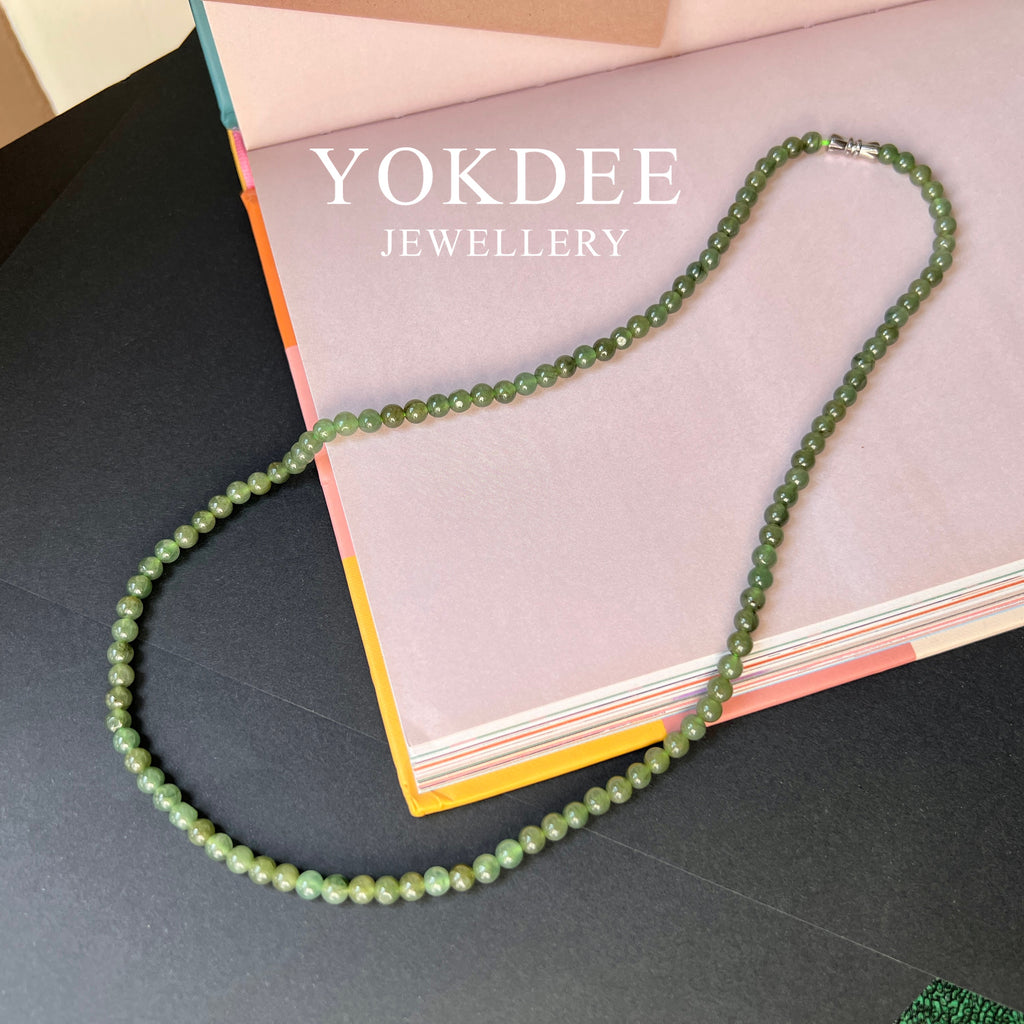5mm A-Grade Natural Dark Green Jadeite Beaded Necklace No.190218