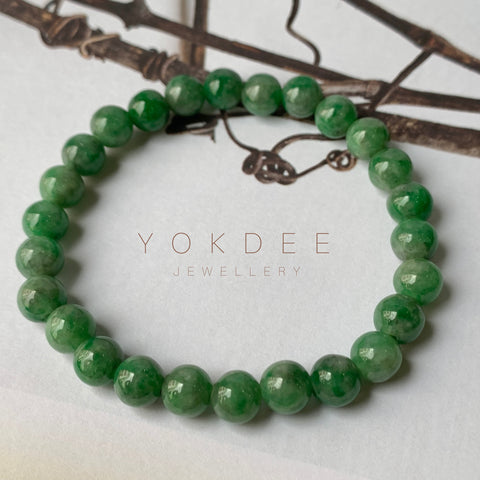 SOLD OUT: 7.2mm A-Grade Natural Floral Imperial Green Jadeite Beaded Bracelet No.190390