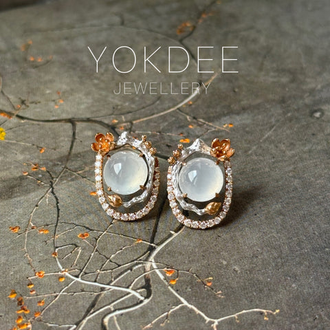 Icy A-Grade Natural Jadeite Cabochon Sakura Stud Earring No. 180589