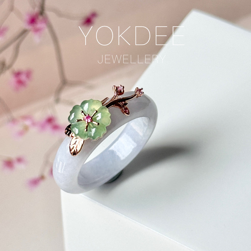 18.1mm A-Grade Natural Lavender Jadeite Joseon Ring (Apple Green Sakura Flower) No.162666