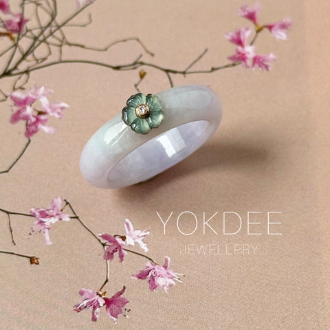 17mm A-Grade Natural Jadeite Joseon Dynasty Ring (Cherry Blossom) No.162557