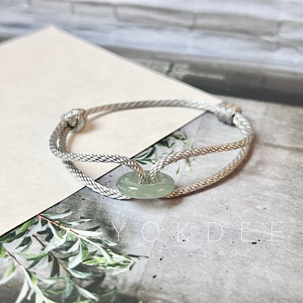 A-Grade Natural Bluish Green Jadeite Bagel on Infinity Silk Cord Bracelet No.190418