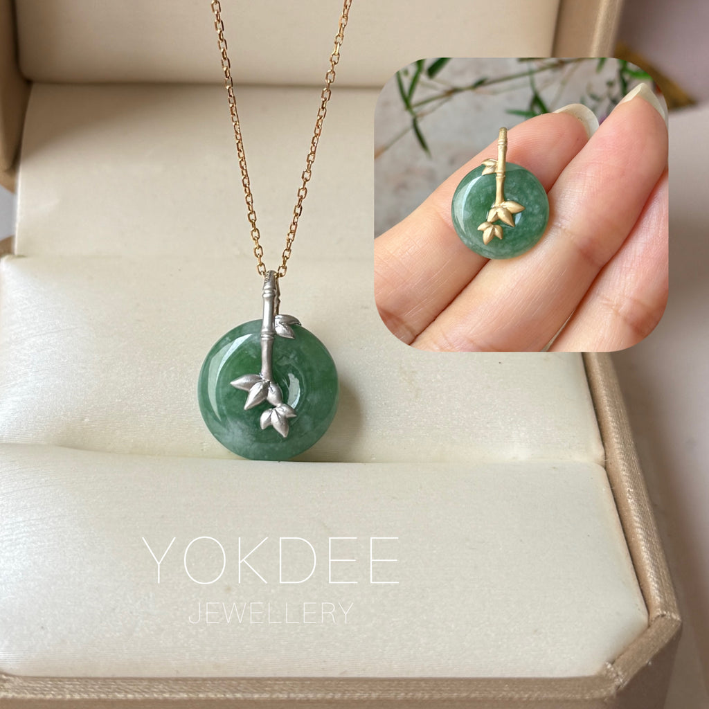 A-Grade Green Floral Imperial Green Jadeite Donut Bamboo Pendant (Dual Gold Tone) No.172898