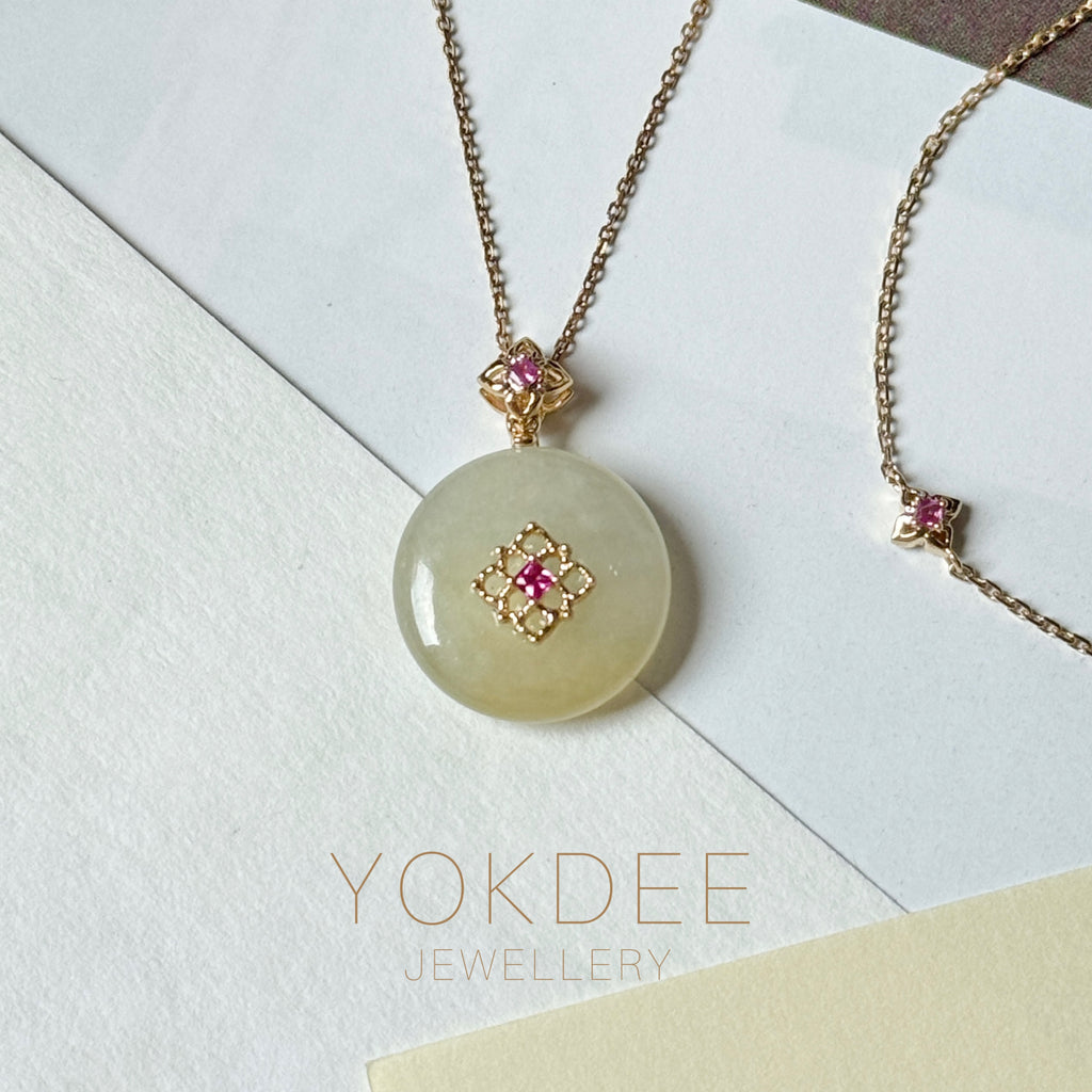 Icy A-Grade Natural Yellow Jadeite Donut Peranakan Tile Pendant No.172923