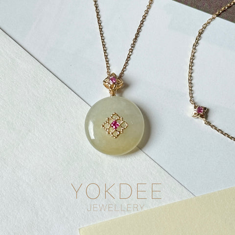 Icy A-Grade Natural Yellow Jadeite Donut Peranakan Tile Pendant No.172923