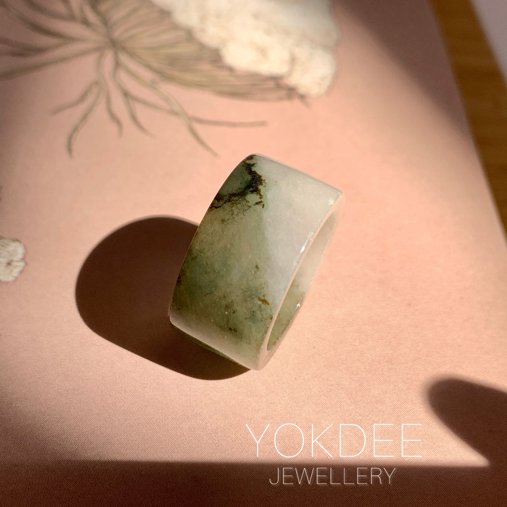 17.2mm A-Grade Natural White Dark Green Jadeite Archer Ring Band No. 161928