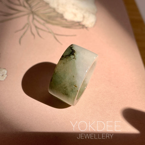 17.2mm A-Grade Natural White Dark Green Jadeite Archer Ring Band No. 161928
