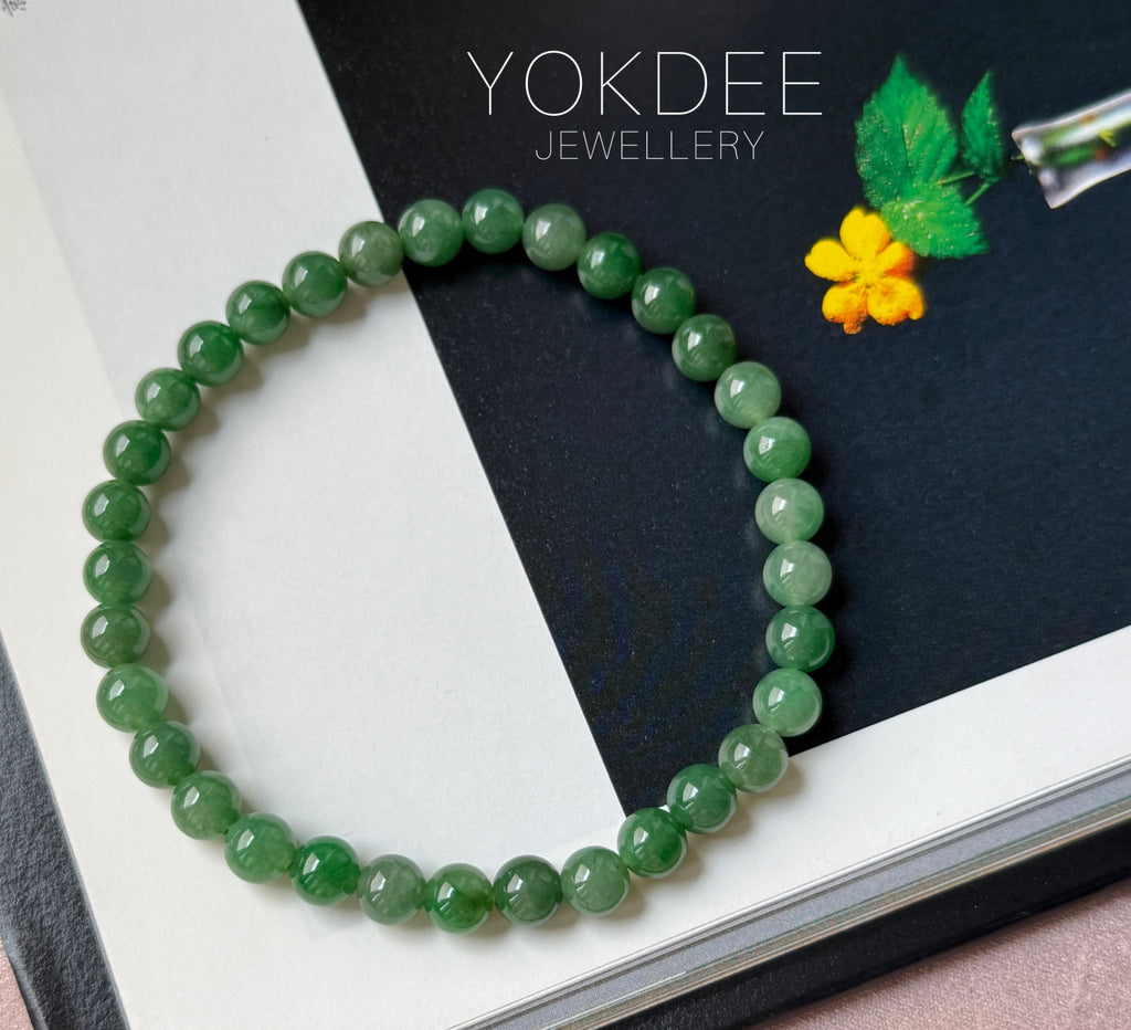 6.3mm A-Grade Natural Imperial Green Jadeite Beaded Bracelet No.190490