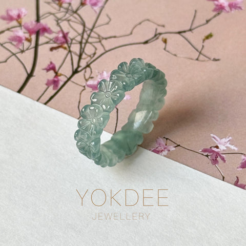 18mm Icy A-Grade Natural Bluish Green Jadeite Plum Blossom Ring Band No.162585