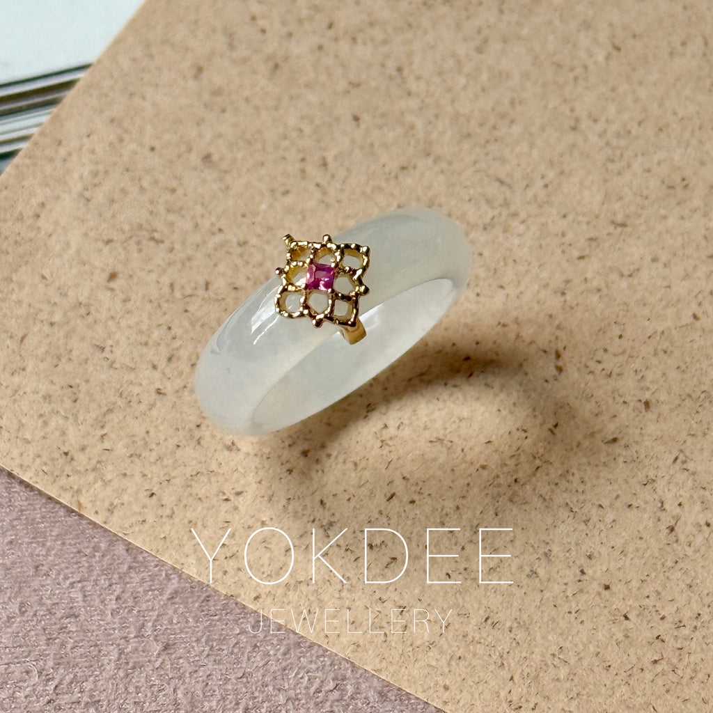 16.7mm Icy A-Grade Natural Moonlight Glow White Jadeite Peranakan Tile Embellishment Ring No. 162655