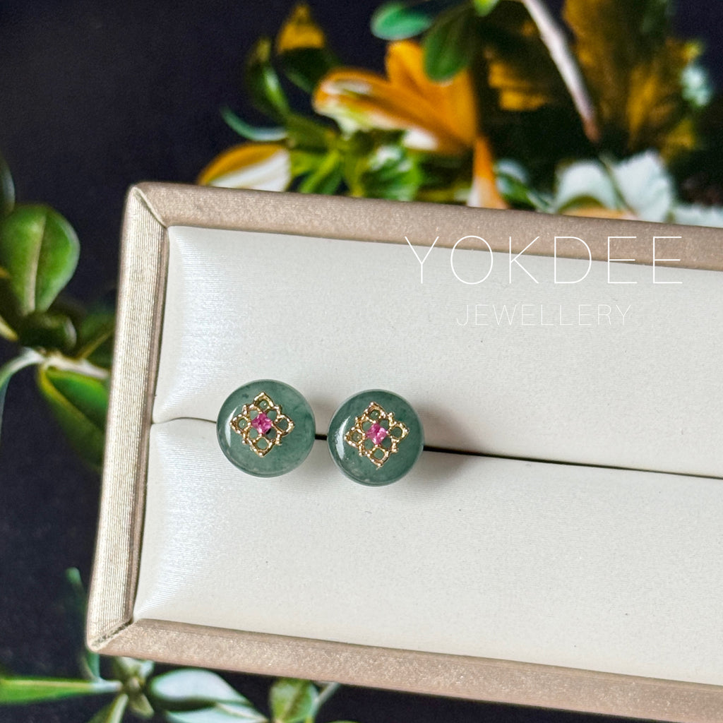 Icy A-Grade Natural Deep Indigo Jadeite Donut Peranakan Tile Stud Earrings No. 180939
