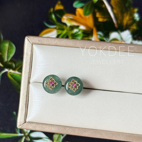 Icy A-Grade Natural Deep Indigo Jadeite Donut Peranakan Tile Stud Earrings No. 180939