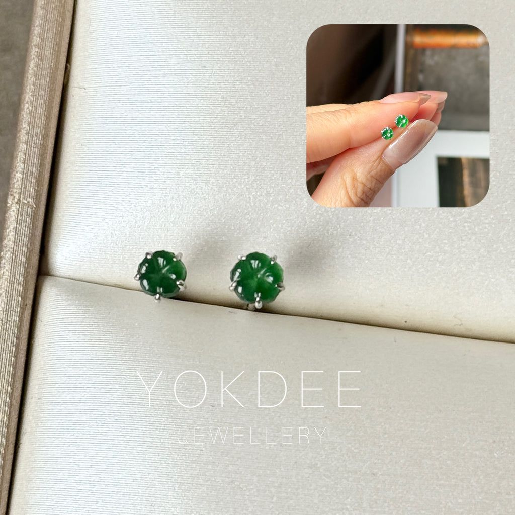 Icy A-Grade Natural Imperial Green Jadeite Frangipani Flower Stud Earring No. 180409