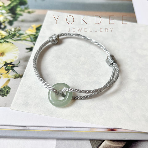 A-Grade Natural Bluish Green Jadeite Bagel on Infinity Silk Cord Bracelet No.190414